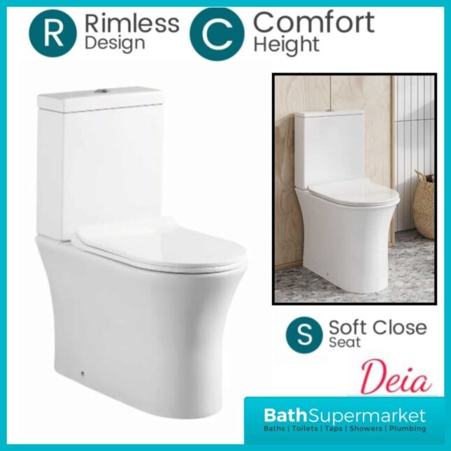 Deia Comfort Height Rimless Closed Coupled Toilet Pan WC & Soft Close Seat