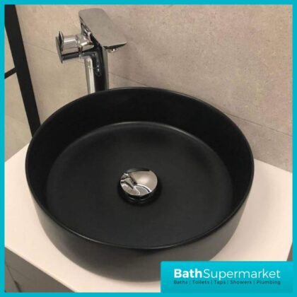 Modern Matt Black Round Sit On Countertop Basin 360mm Width