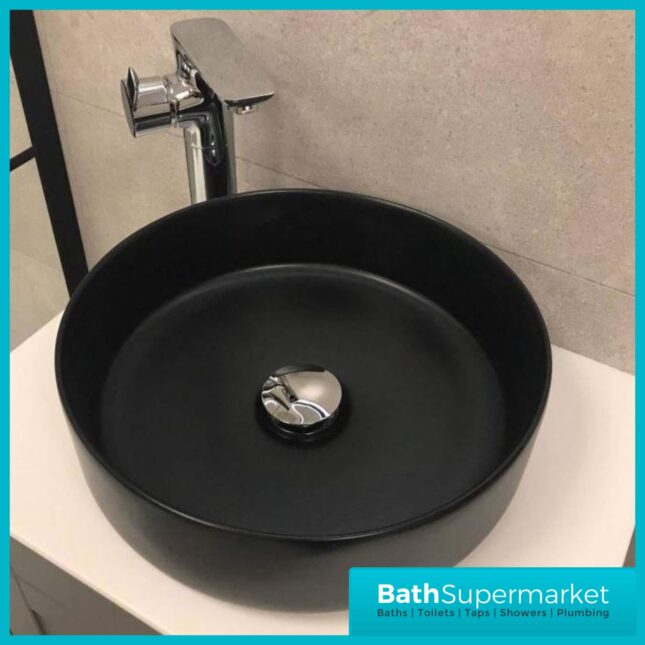 Modern Matt Black Round Sit On Countertop Basin 360mm Width