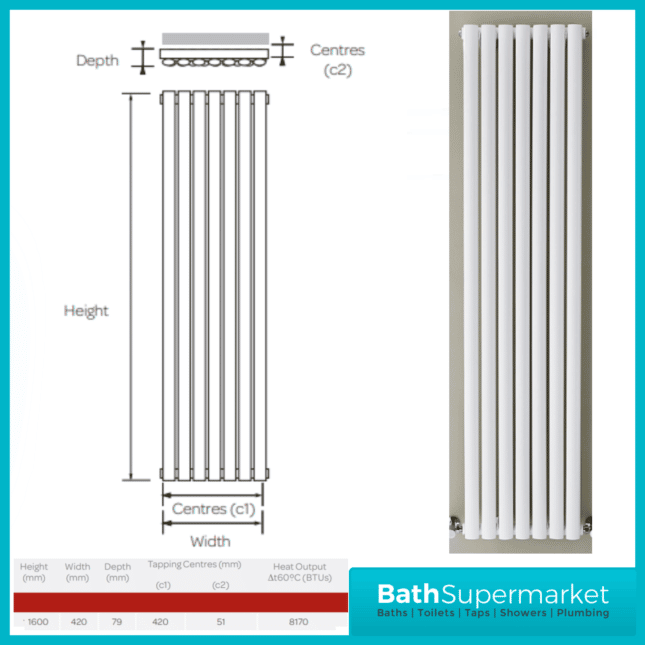 Aspen White Double Panel Vertical Radiator 420mm Width x 1600mm Height