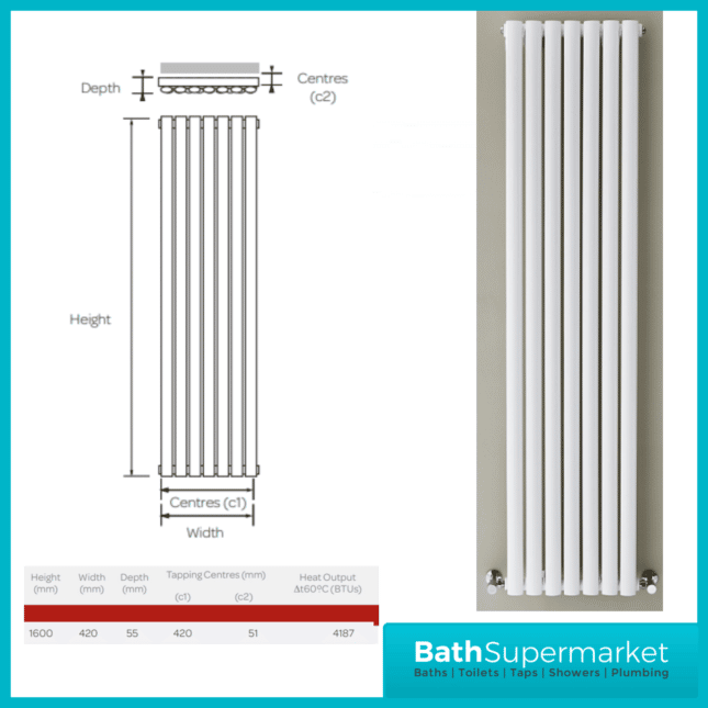 Aspen White Single Panel Vertical Radiator 1600mm Height x 420mm Width - Image 3