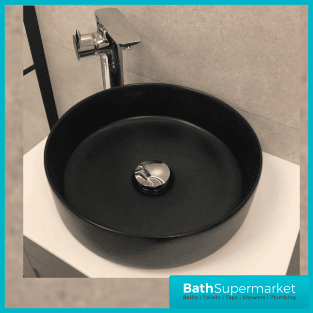 Modern Matt Black Round Sit On Countertop Basin 360mm Width