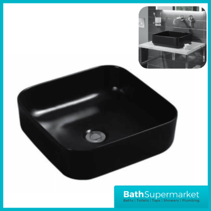 Modern Matt Black Square Countertop Basin 390mm Width