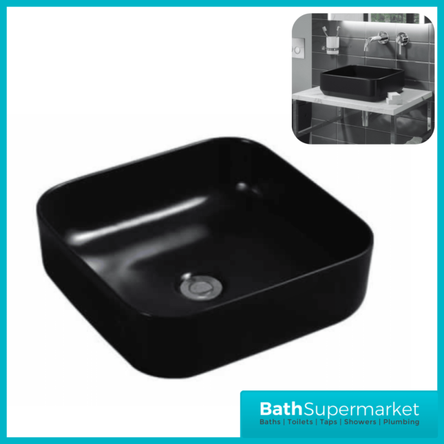 Modern Matt Black Square Countertop Basin 390mm Width