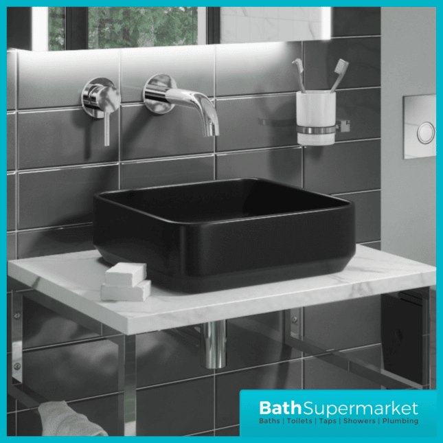 Modern Matt Black Square Countertop Basin 390mm Width