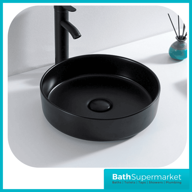 Modern Matt Black Round Countertop Basin 360mm Width