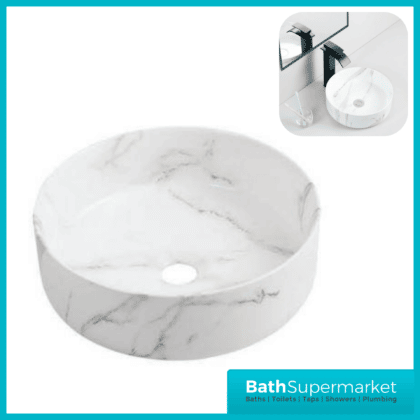 Modern White Marble Effect Round Countertop Basin 360mm Width