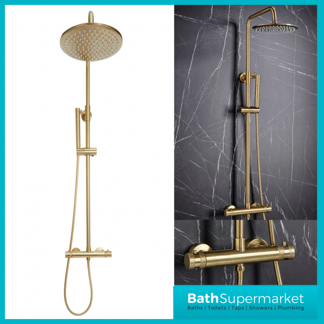 Sognare Knurled Brushed Brass Round Thermostatic Bar Mixer Valve Shower Set