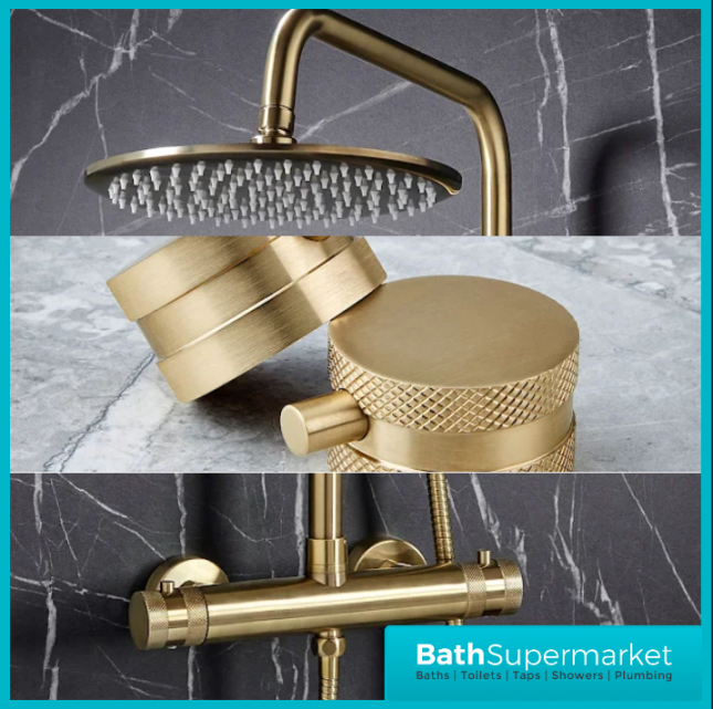 Sognare Knurled Brushed Brass Round Thermostatic Bar Mixer Valve Shower Set