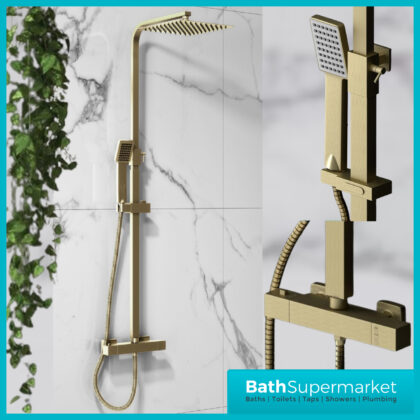 Sognare Brushed Brass Square Thermostatic Rigid Riser Shower Kit