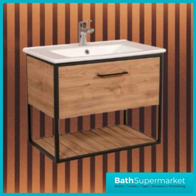 Loft Scandinavian Oak Black Frame Wall Mounted Basin Unit & Storage Cabinet Package