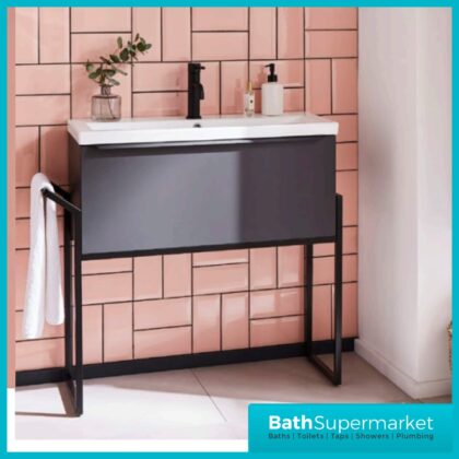 Kore Matt Dark Grey Wall Mounted Drawer Unit With Black Frame & Ceramic Basin 800mm