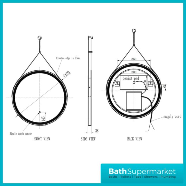 Sognare Bello Matt Black Round LED Illuminated Demister Bathroom Mirror 600mm