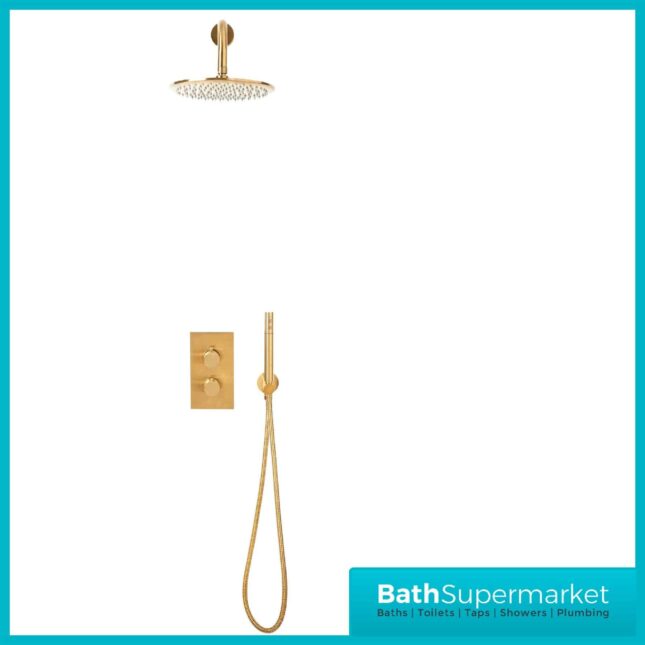 Knurled Brushed Brass Round Wall Mounted Head Concealed Thermostatic Valve Shower Kit