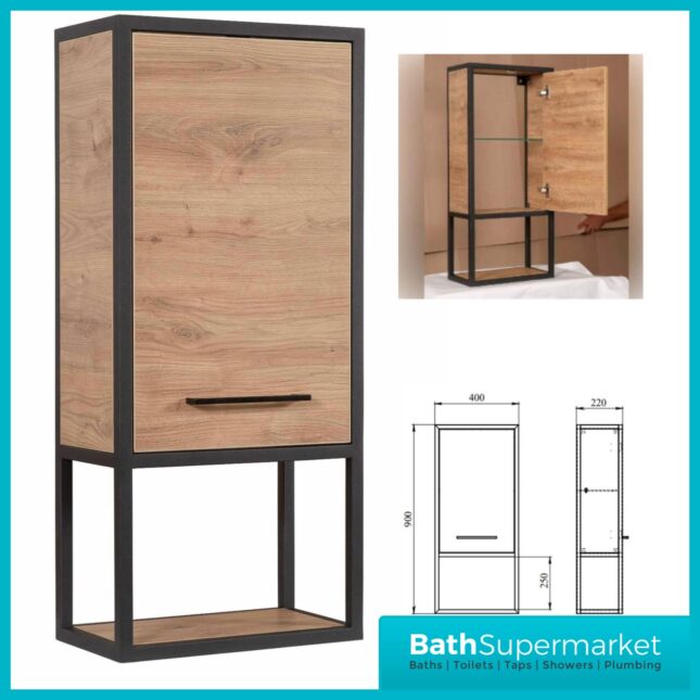 Loft Scandinavian Oak Black Frame Wall Mounted Basin Unit & Storage Cabinet Package