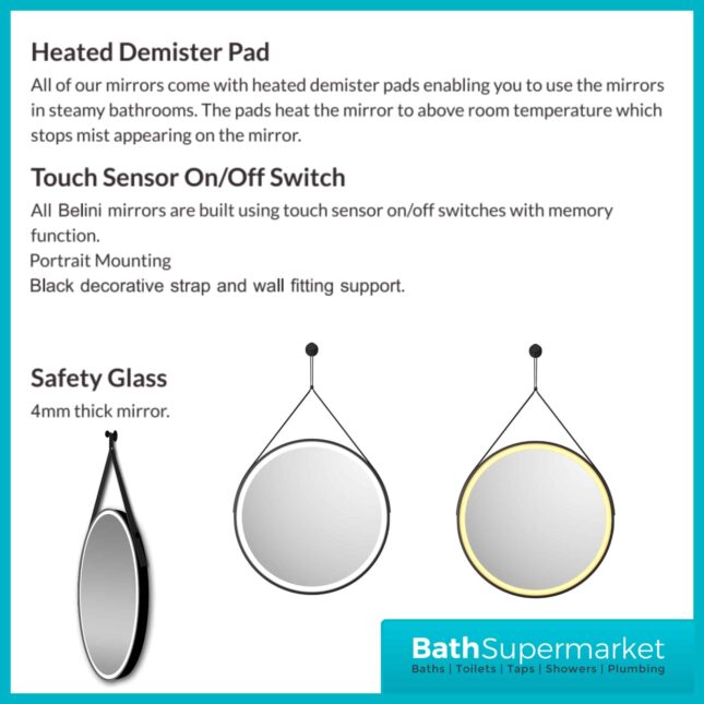 Sognare Bello Matt Black Round LED Illuminated Demister Bathroom Mirror 600mm