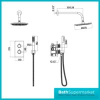 Knurled Black Round Wall Mounted Head Concealed Thermostatic Valve Shower Kit