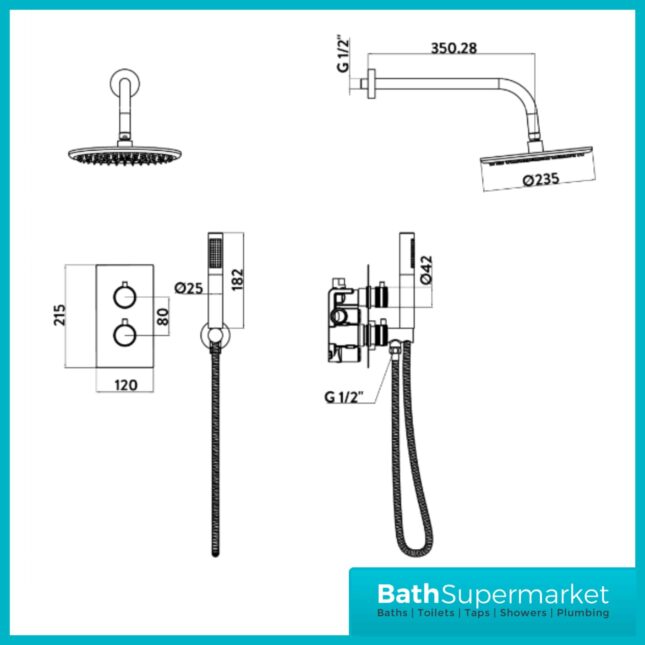 Knurled Black Round Wall Mounted Head Concealed Thermostatic Valve Shower Kit