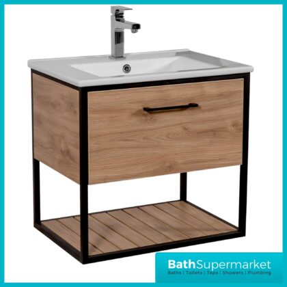 Loft Scandinavian Wood Oak Black Frame Wall Hung Vanity Unit & Basin 650mm