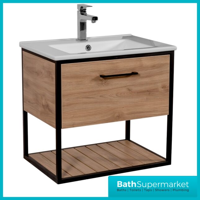 Loft Scandinavian Wood Oak Black Frame Wall Hung Vanity Unit & Basin 650mm