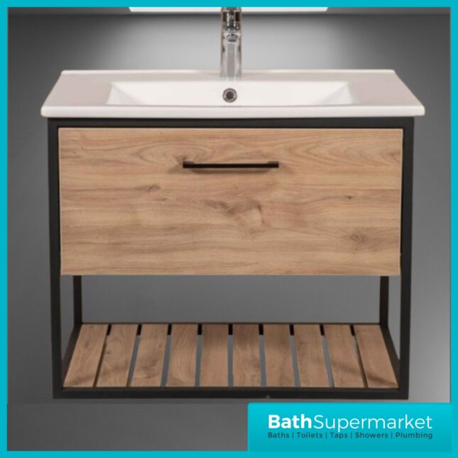 Loft Scandinavian Wood Oak Black Frame Wall Hung Vanity Unit & Basin 650mm