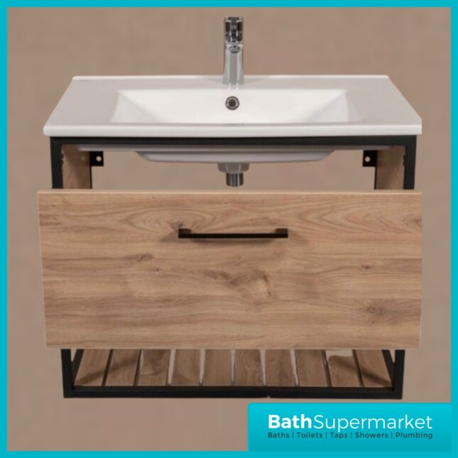 Loft Scandinavian Wood Oak Black Frame Wall Hung Vanity Unit & Basin 650mm