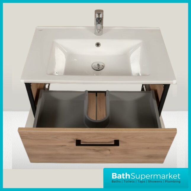 Loft Scandinavian Wood Oak Black Frame Wall Hung Vanity Unit & Basin 650mm
