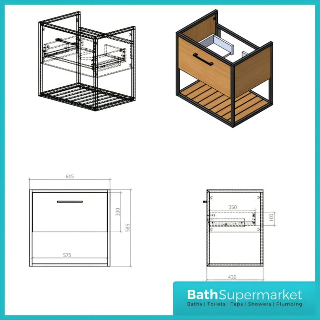 Loft Scandinavian Wood Oak Black Frame Wall Hung Vanity Unit & Basin 650mm