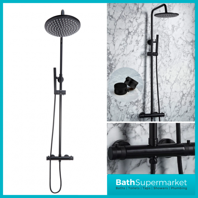 Sognare Knurled Black Round Thermostatic Bar Mixer Valve Shower Set