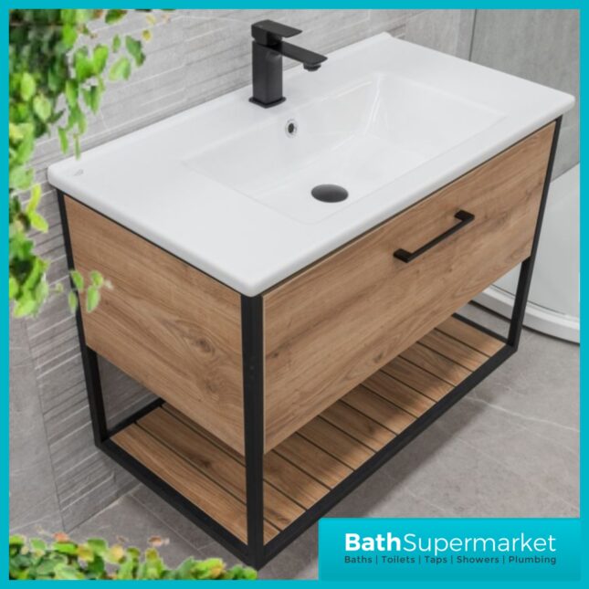 Loft Scandinavian Wood Oak Black Frame Wall Hung Vanity Unit & Basin 650mm