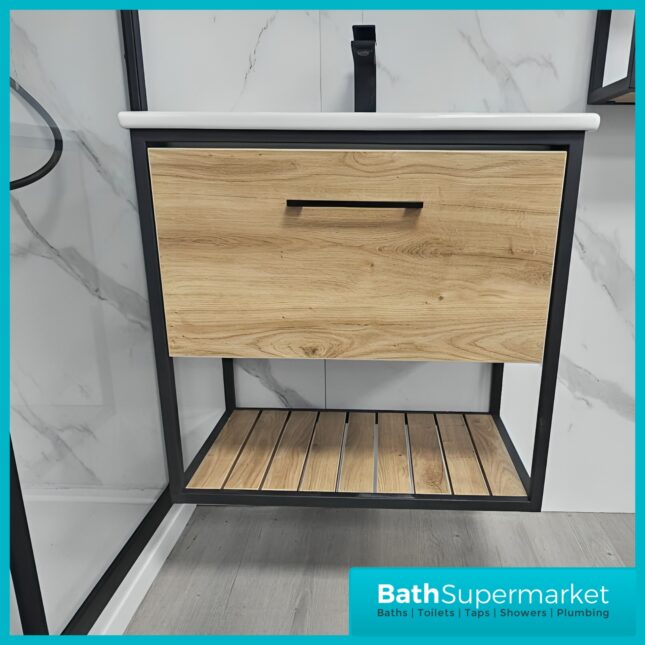 Loft Scandinavian Wood Oak Black Frame Wall Hung Vanity Unit & Basin 650mm