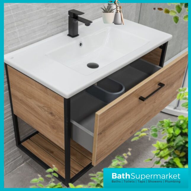 Loft Scandinavian Wood Oak Black Frame Wall Hung Vanity Unit & Basin 650mm