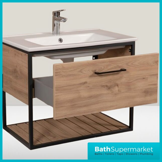 Loft Scandinavian Wood Oak Black Frame Wall Hung Vanity Unit & Basin 650mm