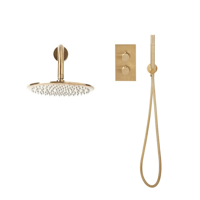 Scudo Core Brushed Brass Round Wall Mounted Head Concealed Thermostatic Valve Shower Kit - Image 8