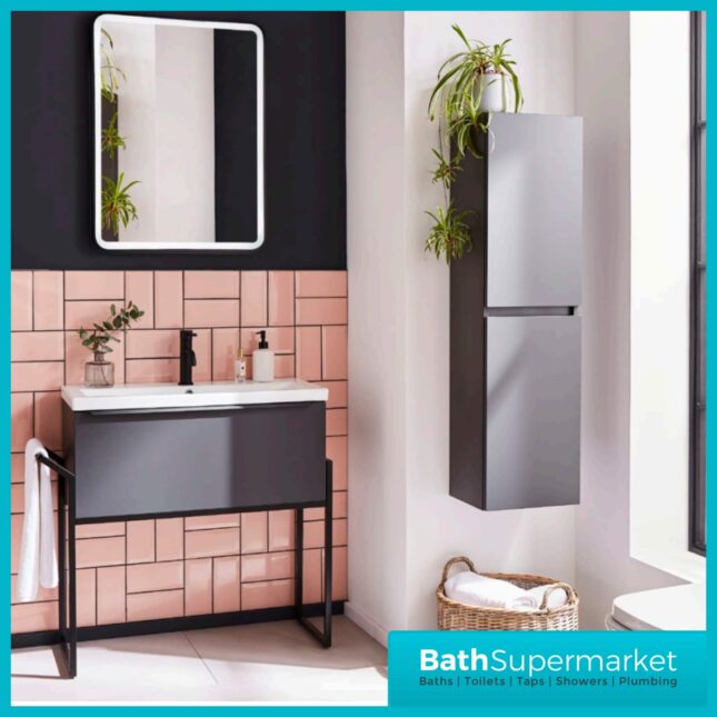 Kore Matt Dark Grey Wall Mounted Drawer Unit With Black Frame & Ceramic Basin 800mm
