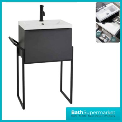 Kore Matt Dark Grey Wall Mounted Drawer Unit With Black Frame & Ceramic Basin 500mm