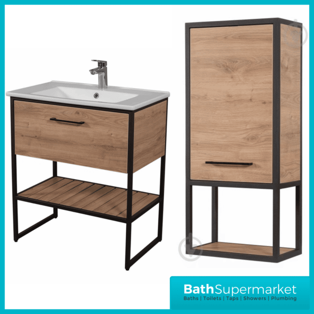 Loft Scandinavian Oak Black Frame Floorstanding Basin Unit & Storage Cabinet Pack