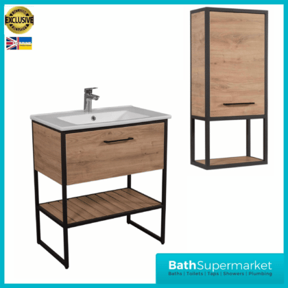 Loft Scandinavian Oak Black Frame Floorstanding Basin Unit & Storage Cabinet Pack