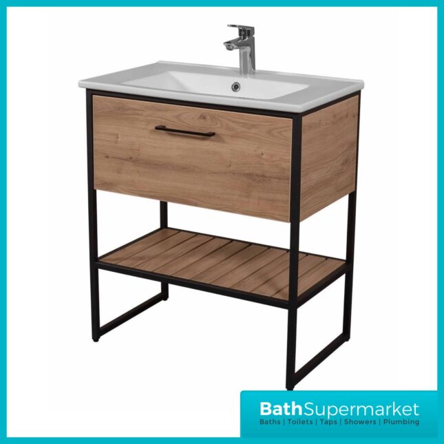 Loft Scandinavian Oak Black Frame Floorstanding Basin Unit & Storage Cabinet Pack
