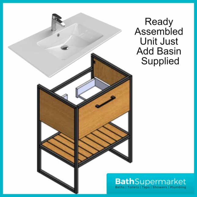 Loft Scandinavian Oak Black Frame Floorstanding Basin Unit & Storage Cabinet Pack
