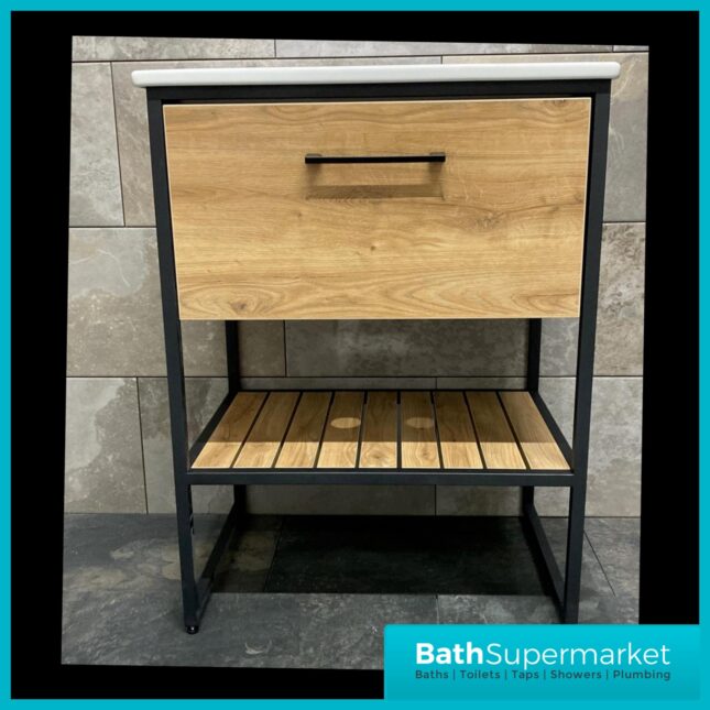 Loft Scandinavian Oak Black Frame Floorstanding Basin Unit & Storage Cabinet Pack