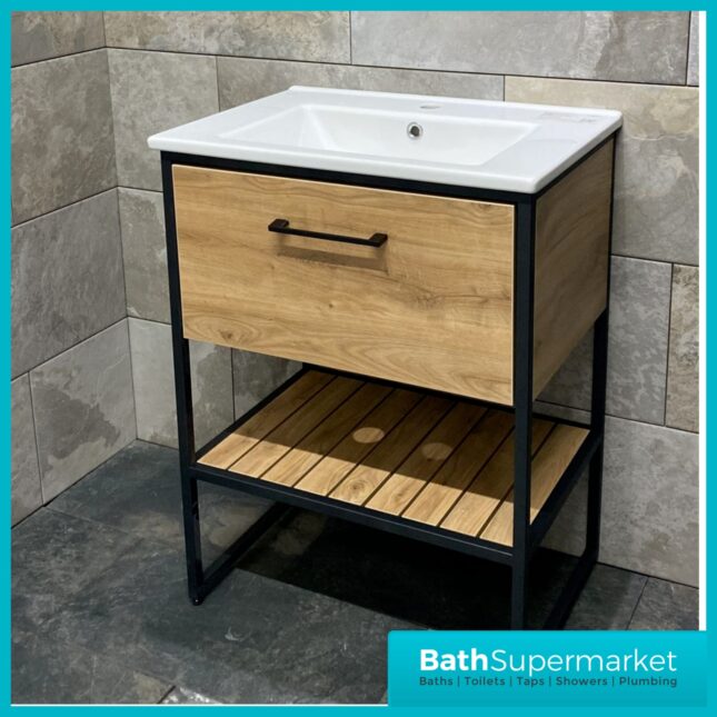 Loft Scandinavian Oak Black Frame Floorstanding Basin Unit & Storage Cabinet Pack