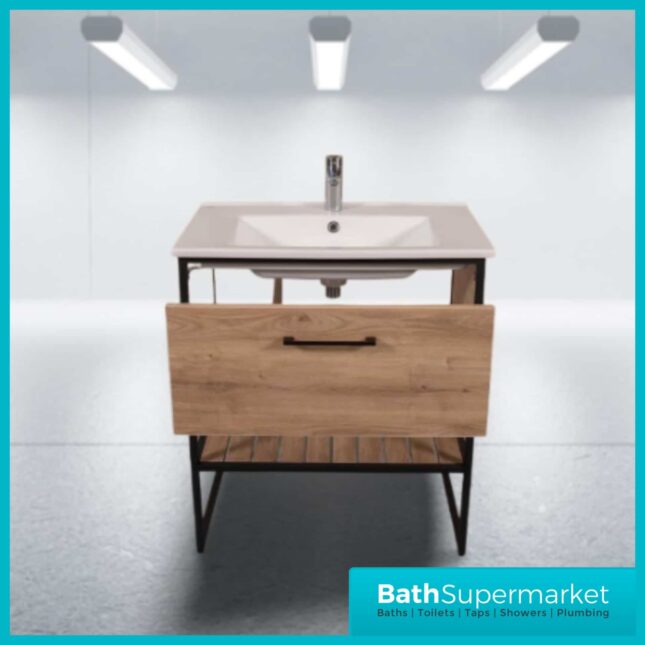 Loft Scandinavian Oak Black Frame Floorstanding Basin Unit & Storage Cabinet Pack