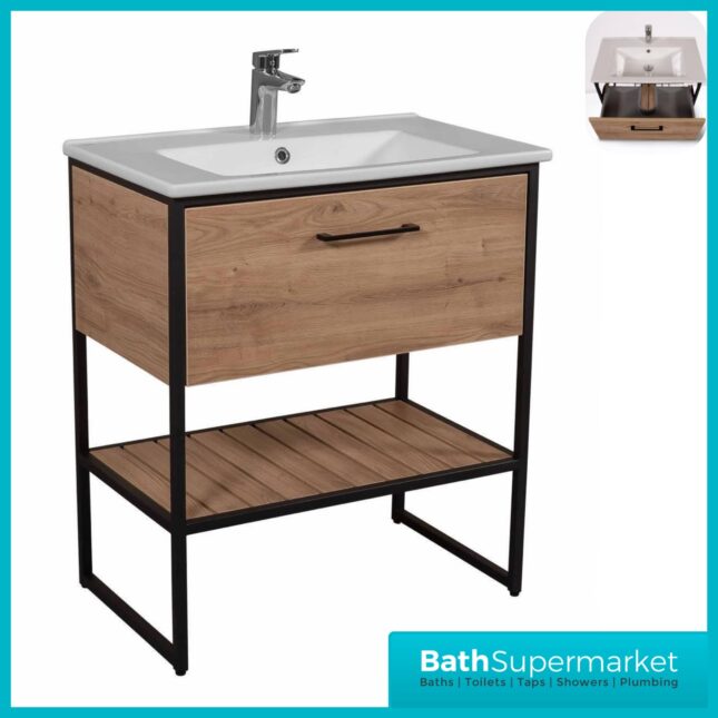 Loft Scandinavian Oak Black Frame Floorstanding Basin Unit & Storage Cabinet Pack