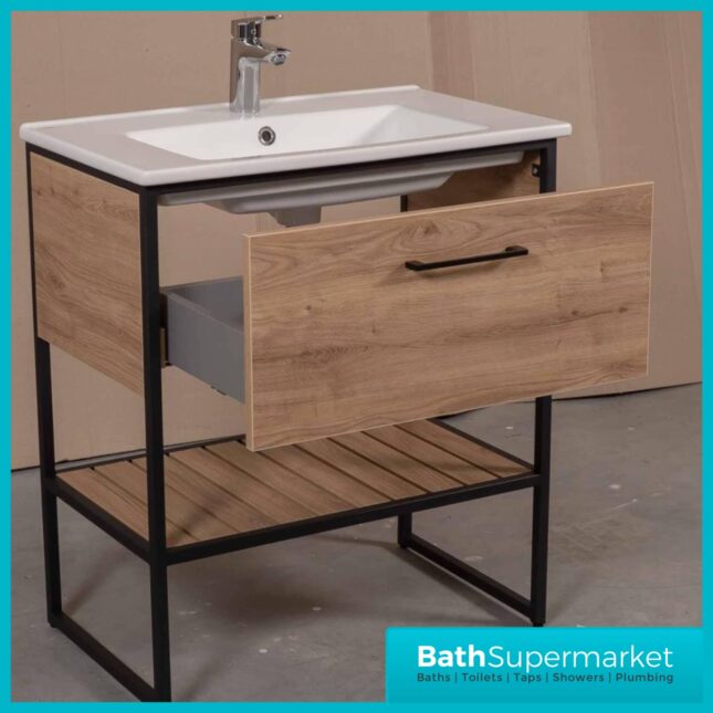 Loft Scandinavian Oak Black Frame Floorstanding Basin Unit & Storage Cabinet Pack