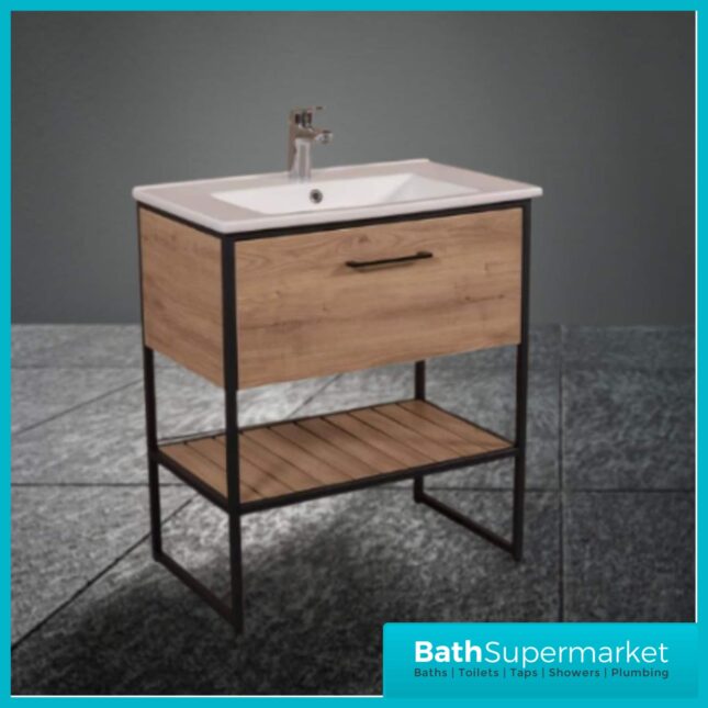 Loft Scandinavian Oak Black Frame Floorstanding Basin Unit & Storage Cabinet Pack