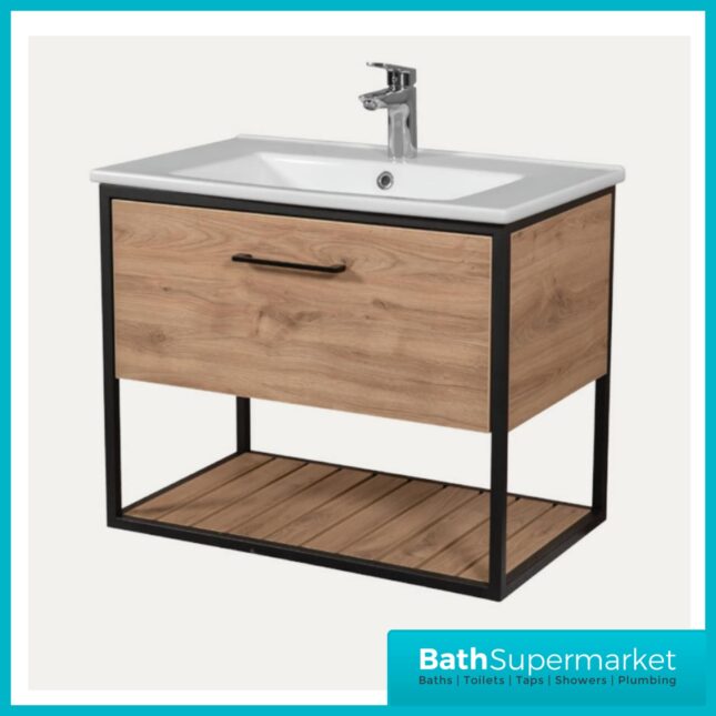 Loft Scandinavian Oak Black Frame Wall Mounted Basin Unit & Storage Cabinet Package
