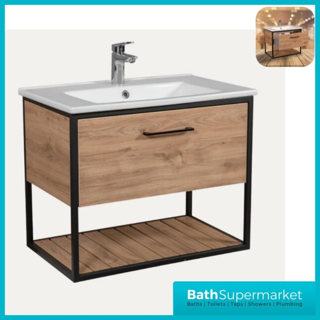 Loft Scandinavian Oak Black Frame Wall Mounted Basin Unit & Storage Cabinet Package