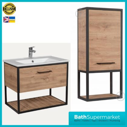 Loft Scandinavian Oak Black Frame Wall Mounted Basin Unit & Storage Cabinet Package