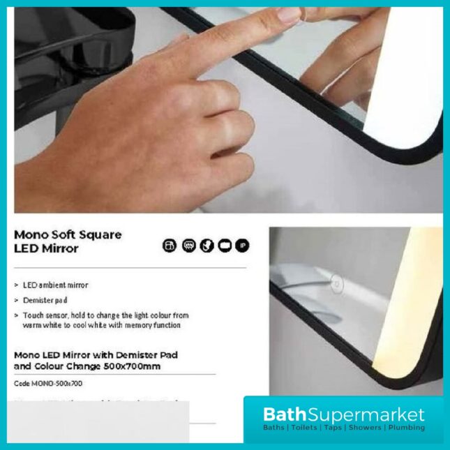 Sognare Noir Matt Black LED Touch Sensor Bathroom Mirror With Demister 500mm x 700mm